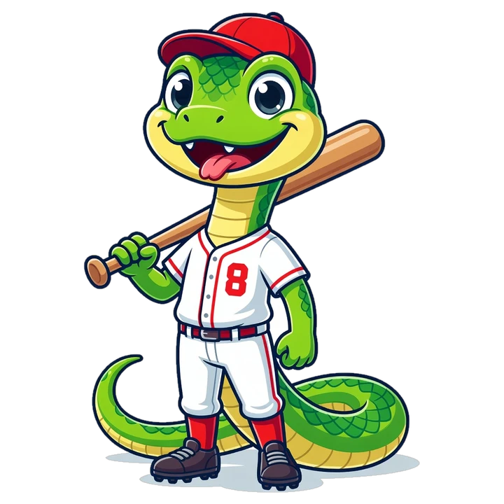 Noodle the snake in a baseball cap and jersey with a bat on his shoulder